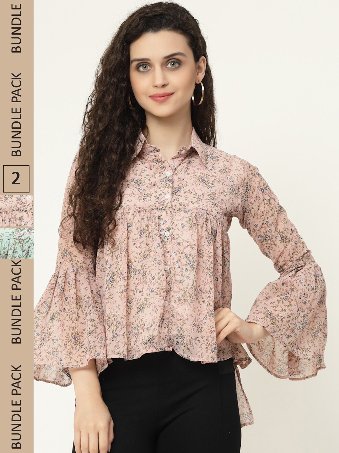 

MISS AYSE Pack Of 2 Floral Printed Shirt Style Tops, Peach