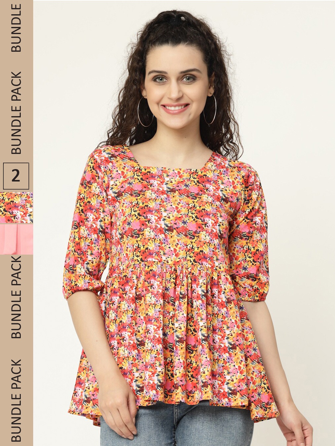 

MISS AYSE Pack Of 2 Floral Printed Empire Tops, Yellow