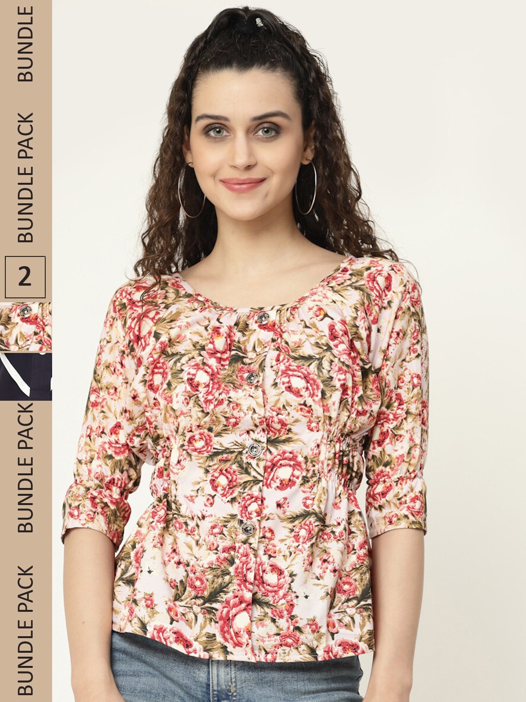 

MISS AYSE Pack Of 2 Floral Printed Round Neck Tops, Off white