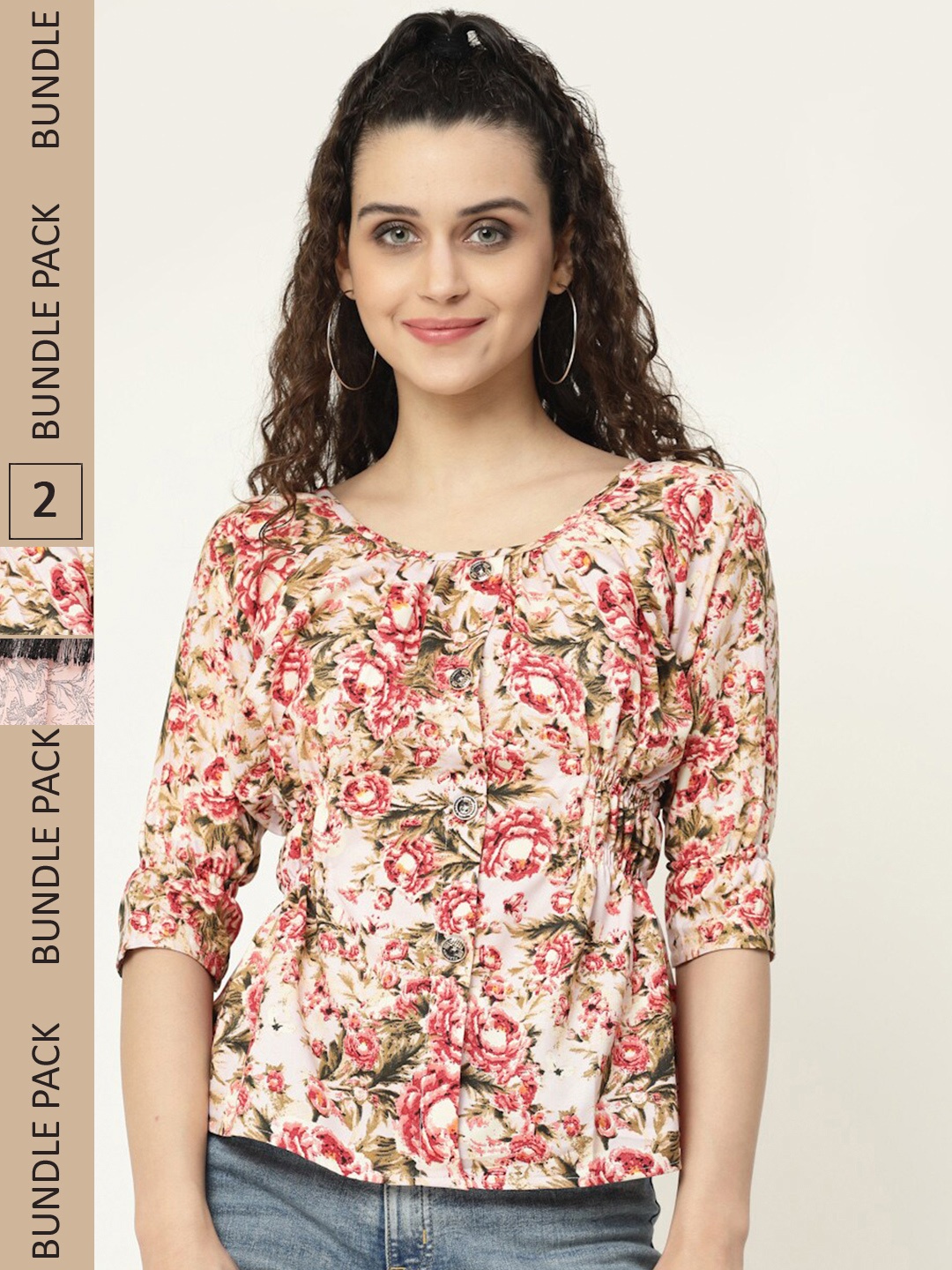 

MISS AYSE Pack Of 2 Floral Printed Round Neck Tops, Off white