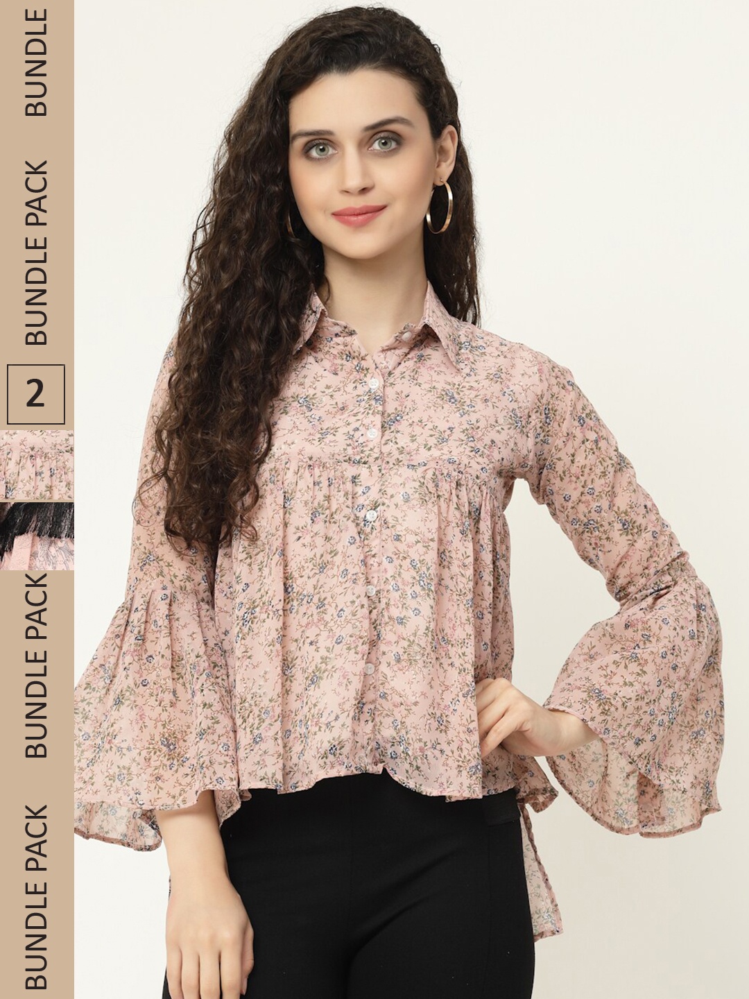 

MISS AYSE Pack Of 2 Floral Printed Shirt Style Tops, Peach