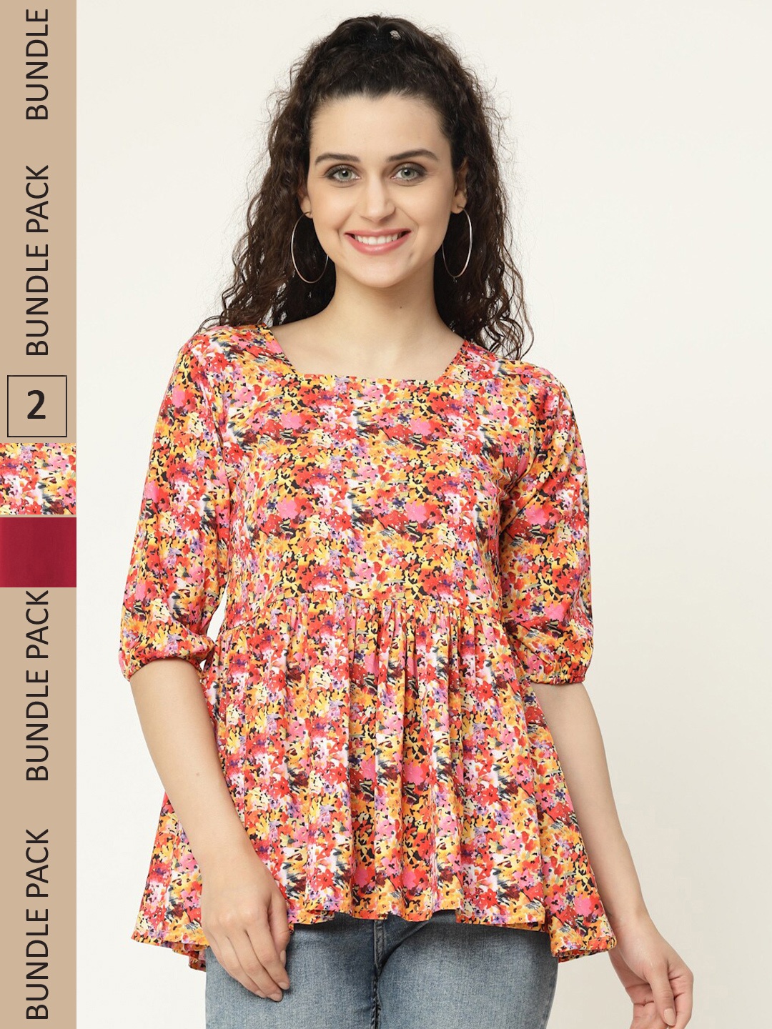 

MISS AYSE Pack Of 2 Floral Print Georgette Empire Top, Yellow