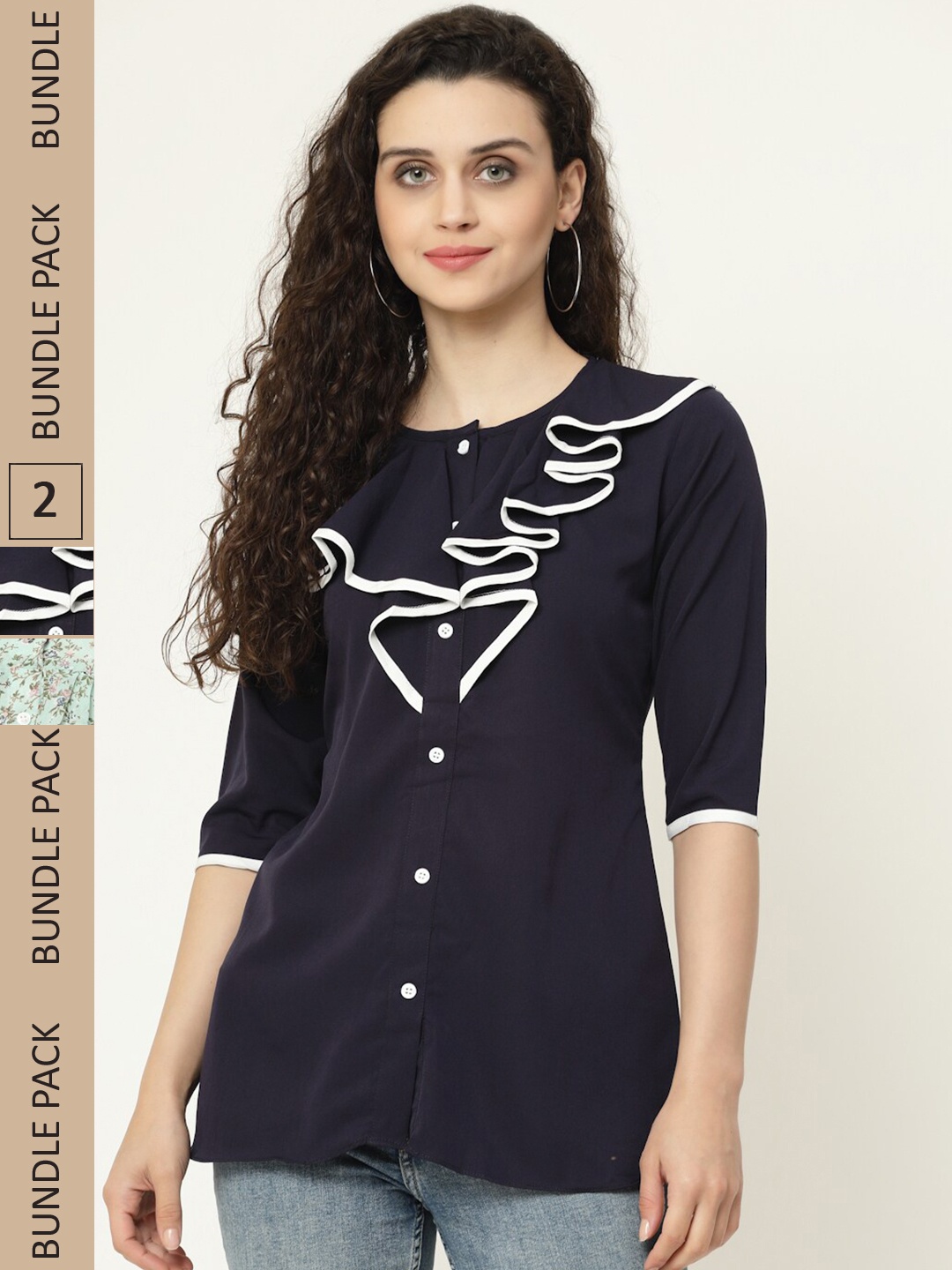 

MISS AYSE Pack Of 2 Georgette Shirt Style Top, Navy blue