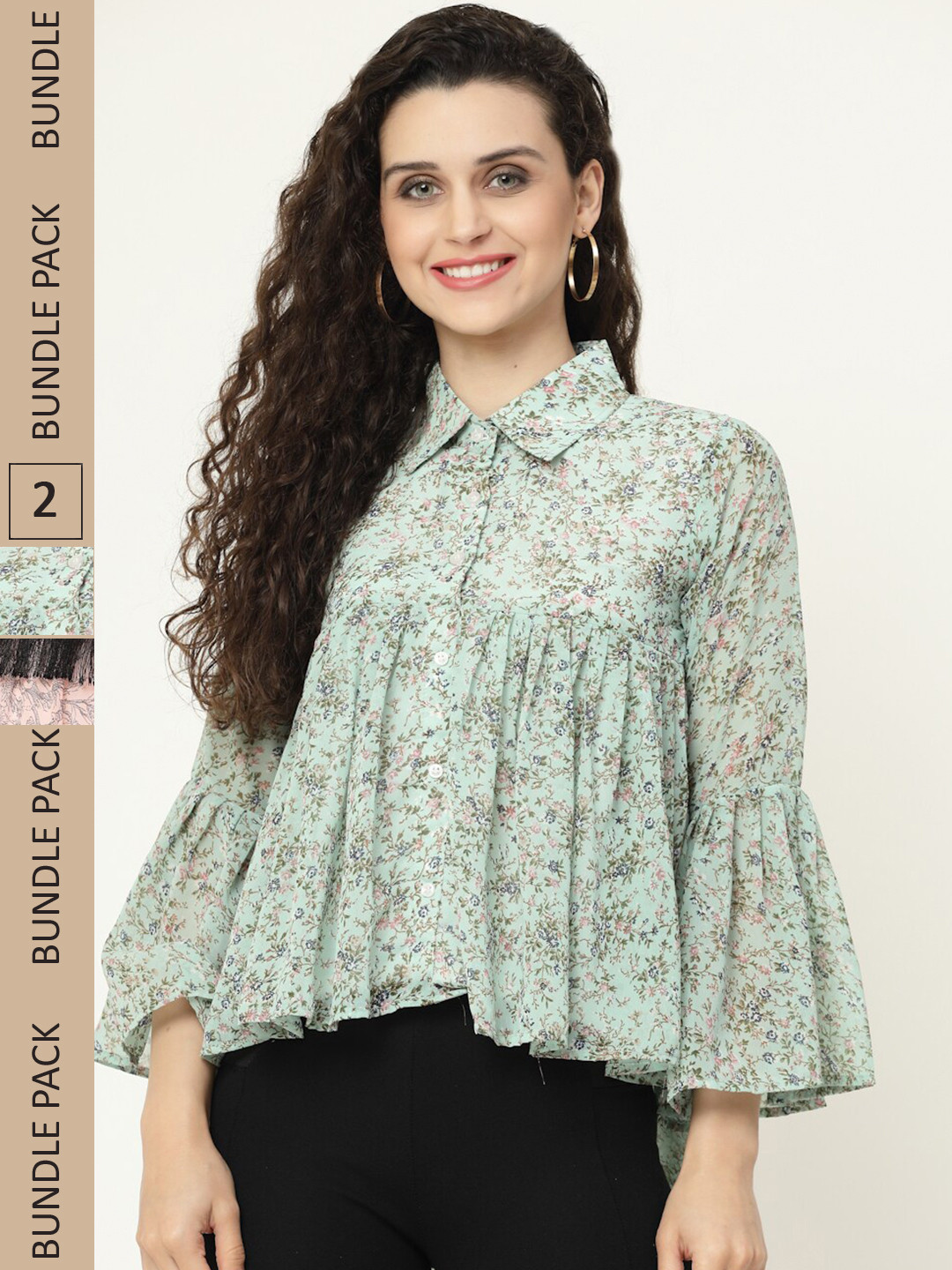 

MISS AYSE Pack Of 2 Floral Print Georgette Shirt Style Top, Green
