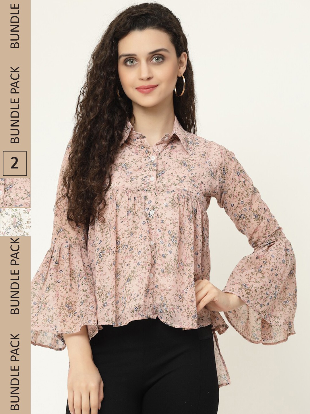 

MISS AYSE Pack Of 2 Floral Print Georgette Shirt Style Top, Beige