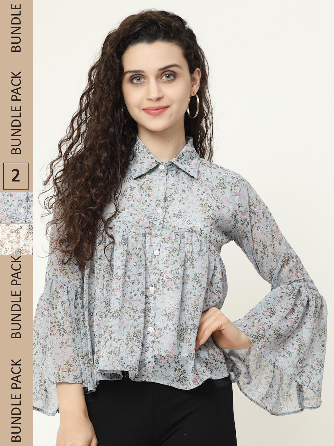 

MISS AYSE Pack Of 2 Floral Print Georgette Shirt Style Top, Blue