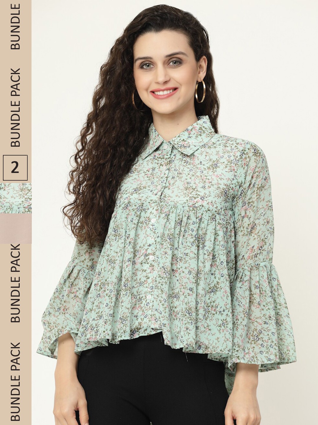 

MISS AYSE Pack Of 2 Floral Print Georgette Kaftan Top, Green