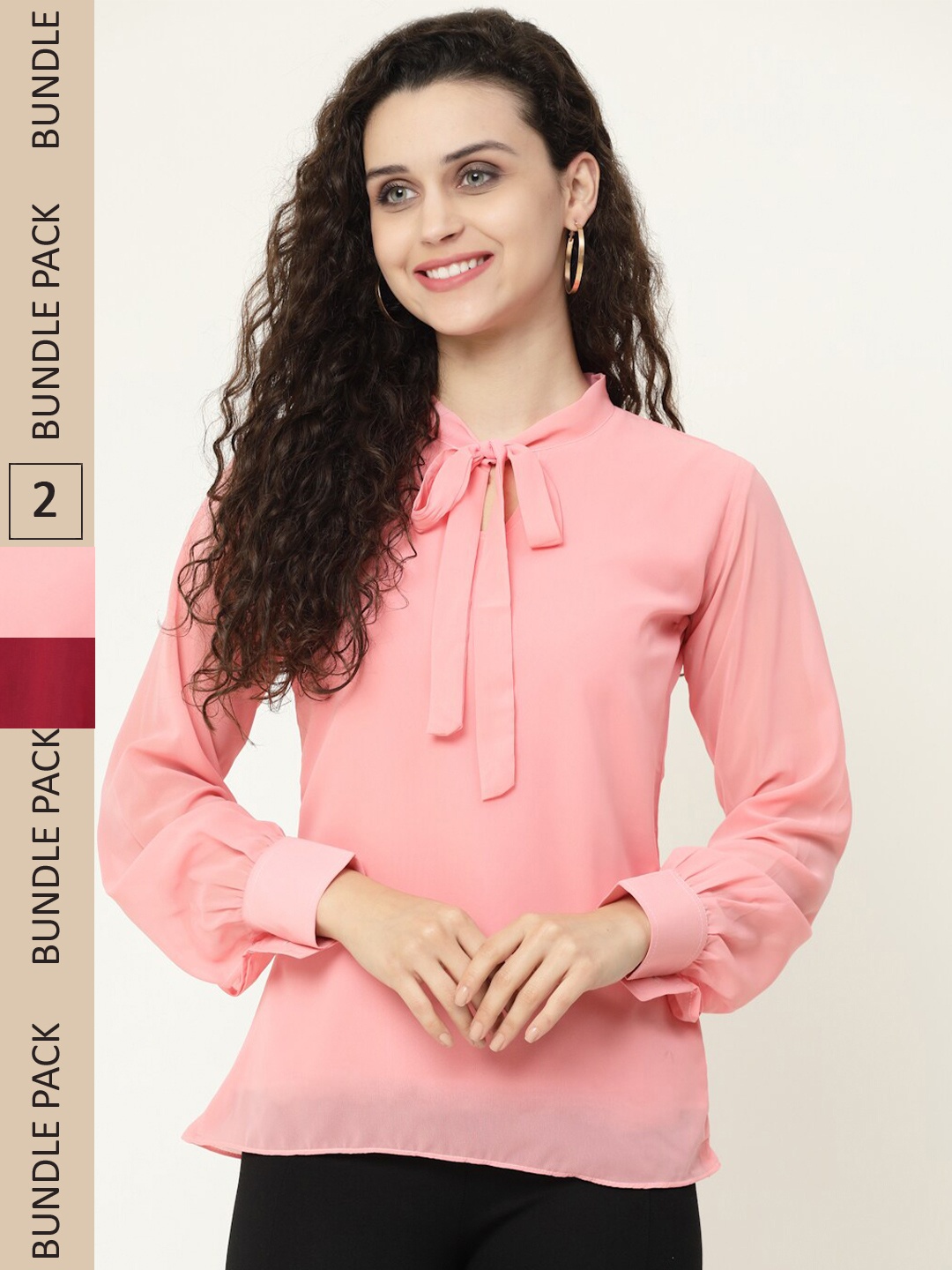 

MISS AYSE Pack Of 2 Tie-Up Neck Georgette Kaftan Top, Peach