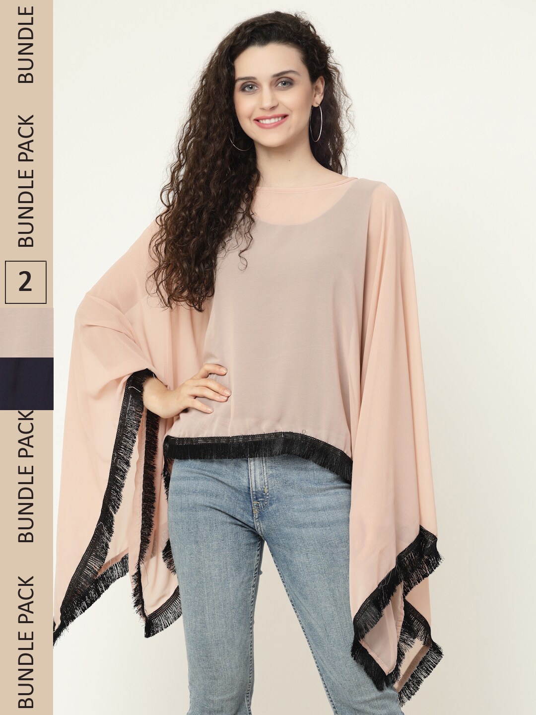 

MISS AYSE Pack Of 2 Colourblocked Georgette Kaftan Top, Beige