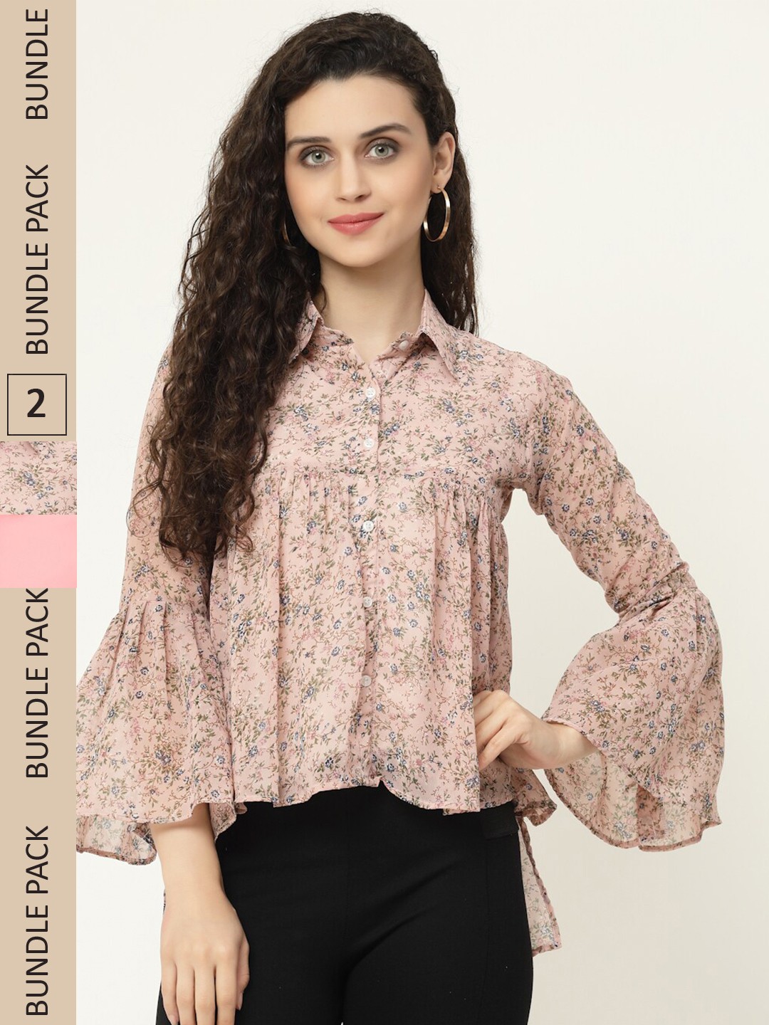

MISS AYSE Pack of 2 Floral Print Georgette Bell Sleeves Shirt Style Top, Pink