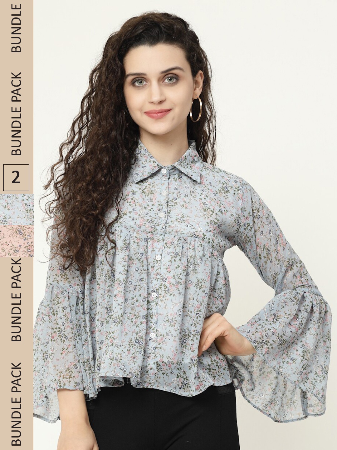 

MISS AYSE Pack of 2 Floral Print Georgette Shirt Style Top, Grey