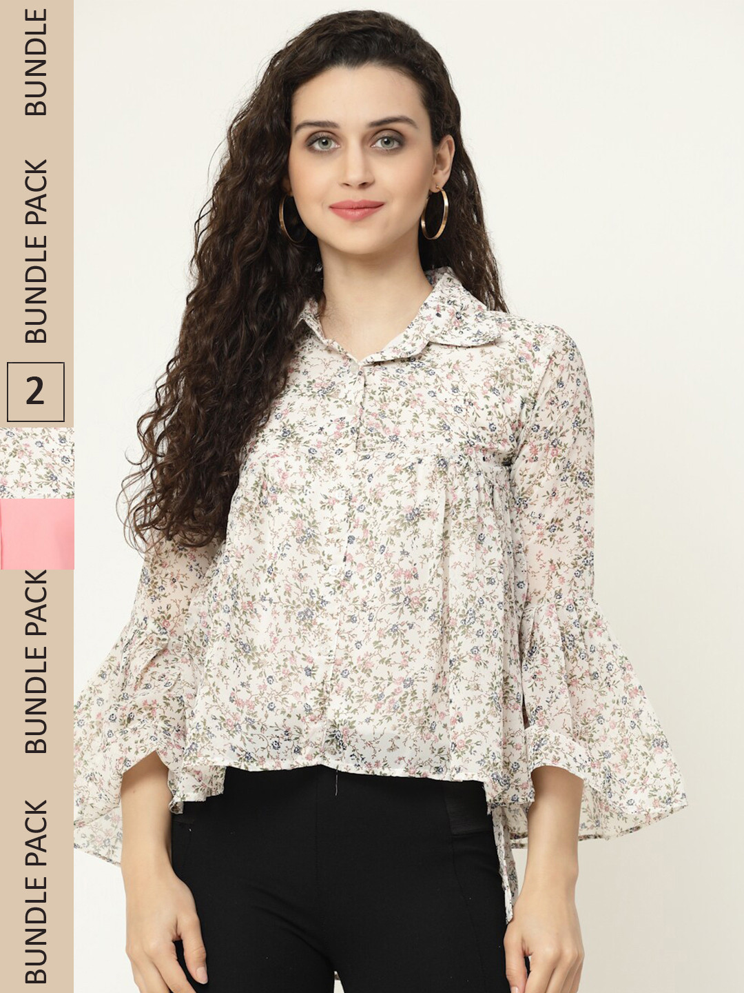 

MISS AYSE Pack of 2 Floral Print Georgette Shirt Style Top, White
