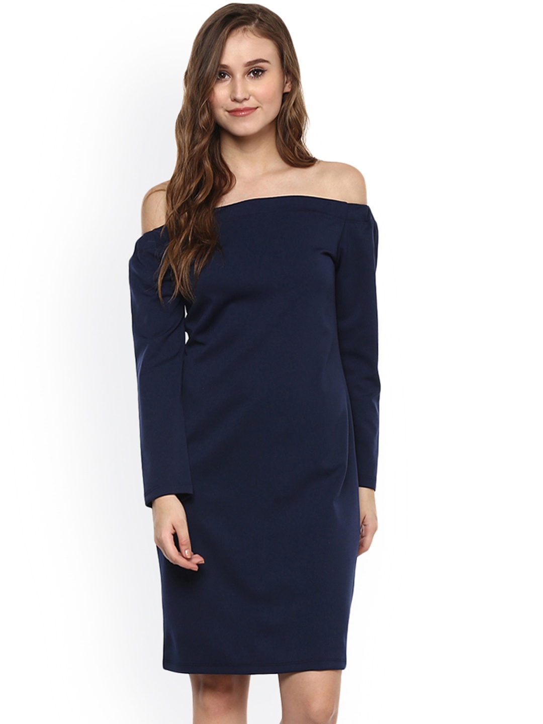 

Harpa Women Navy Blue Solid Bardot Sheath Dress