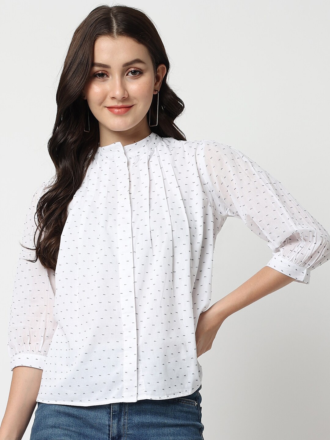 

CHARMGAL Printed Mandarin Collar Shirt Style Top, White