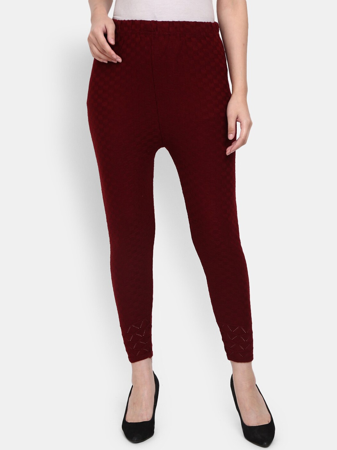 

V-Mart Maroon Self-Design Knitted Cotton Ankle-Length Leggings