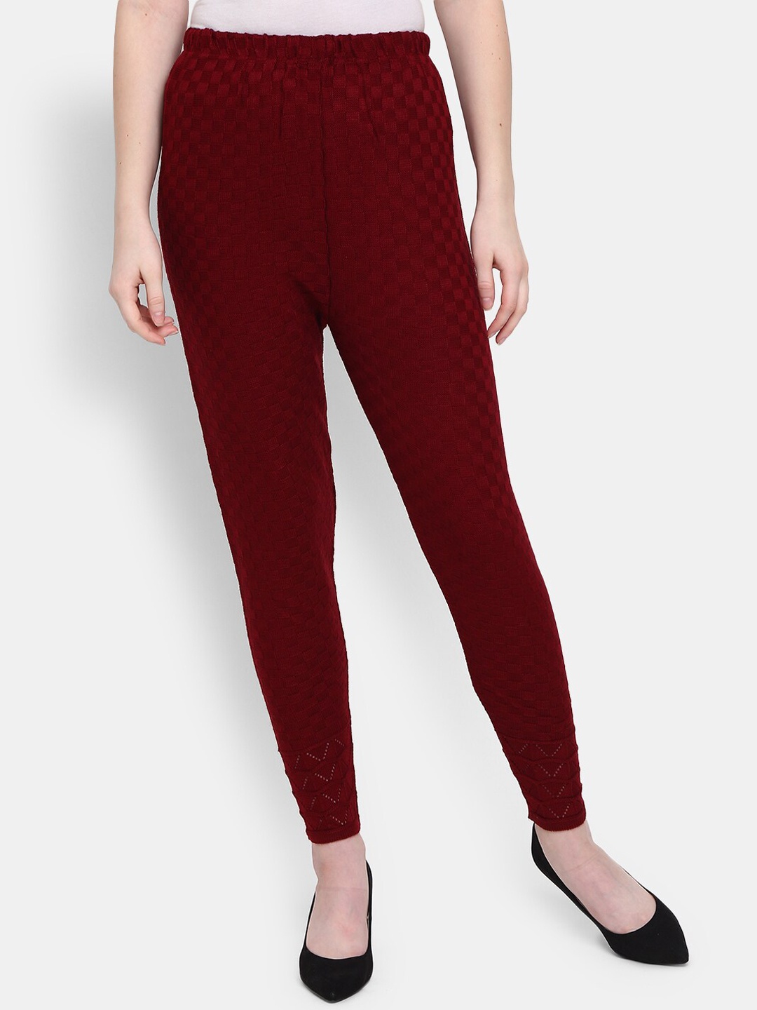 

V-Mart Women Maroon Self Design Ankle-Length Leggings
