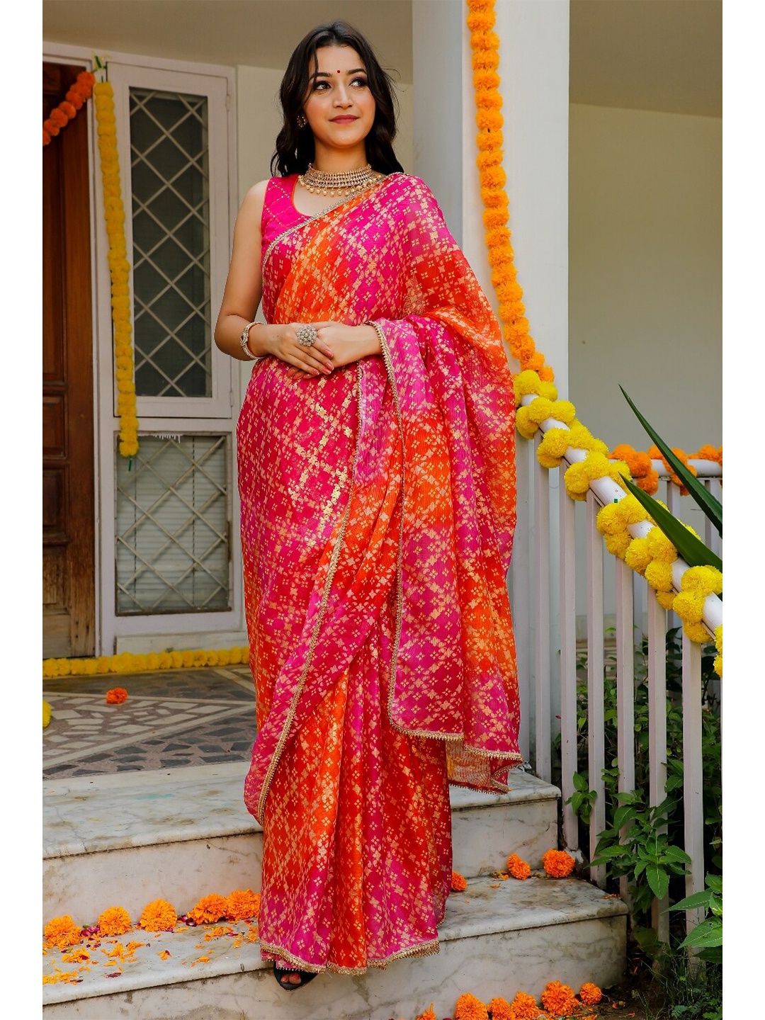 

Indi INSIDE Pink & Orange Embellished Kota Saree