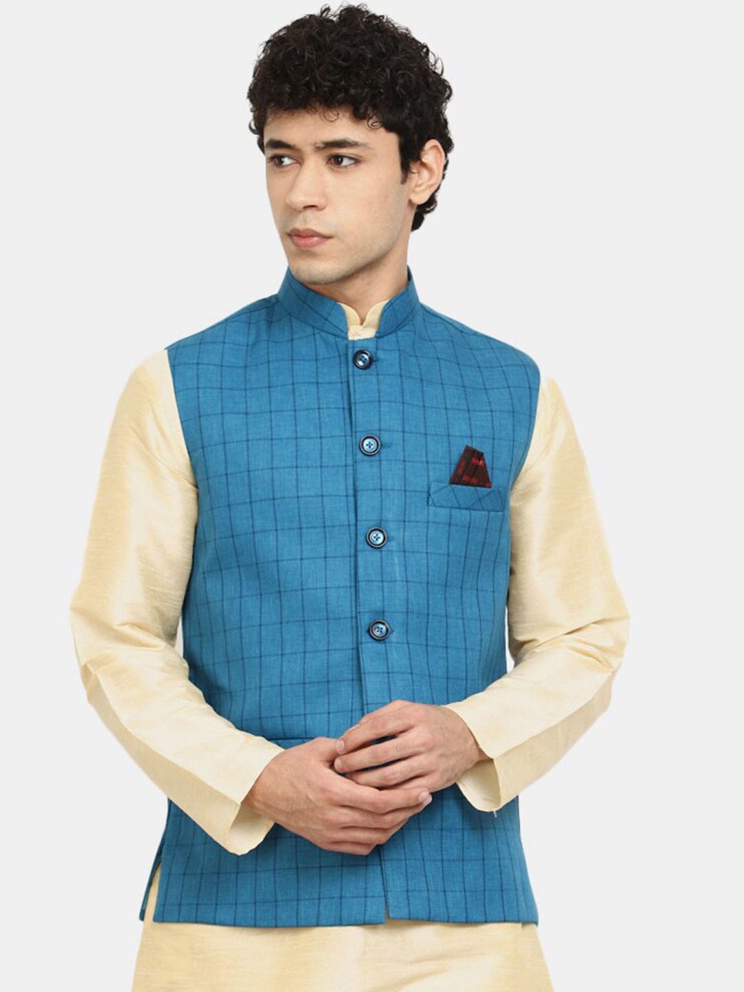 

V-Mart Men Checked Nehru Jackets, Teal