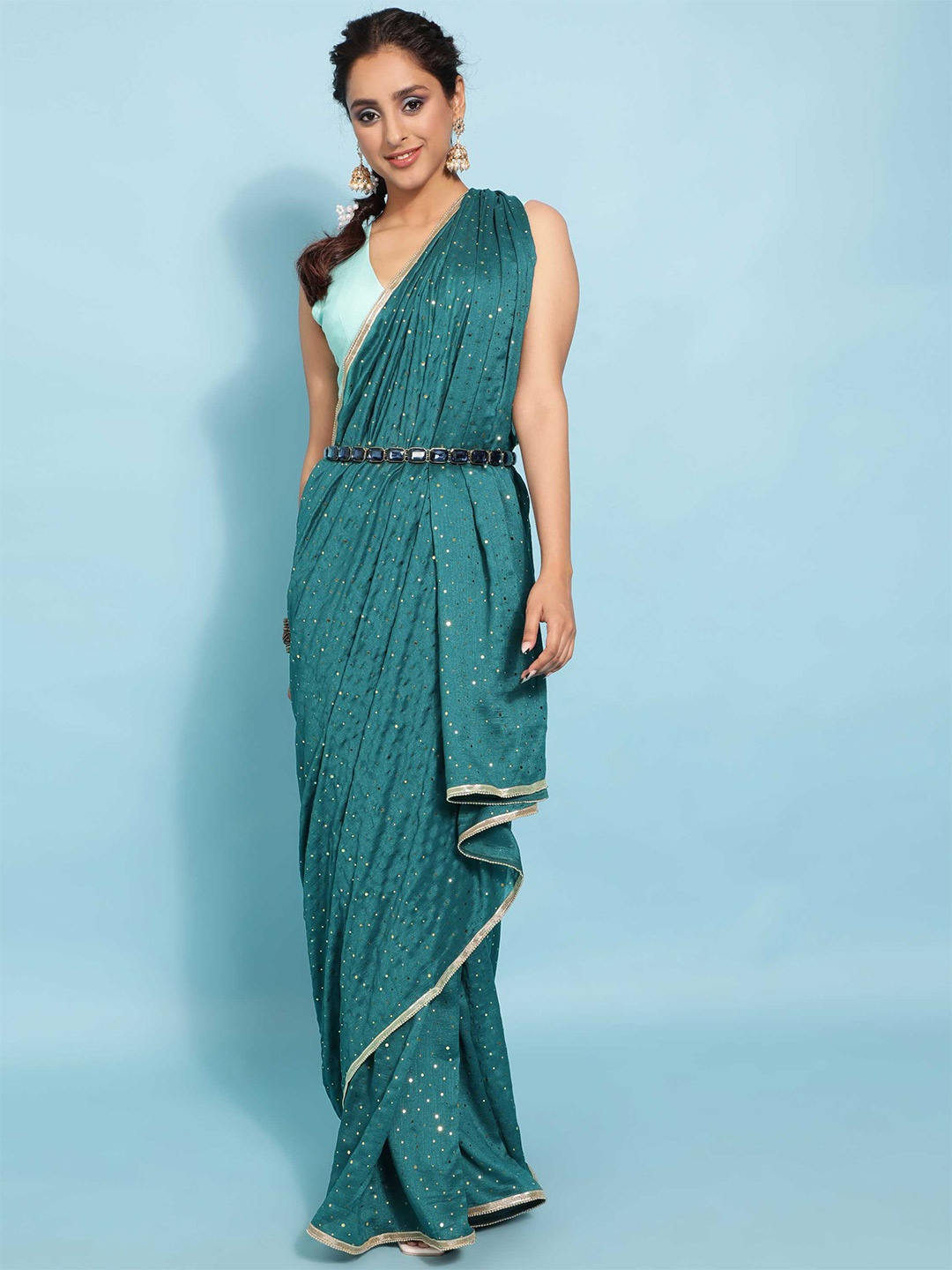 

DUNGRANI Navy Blue & Gold-Toned Embellished Sequinned Saree