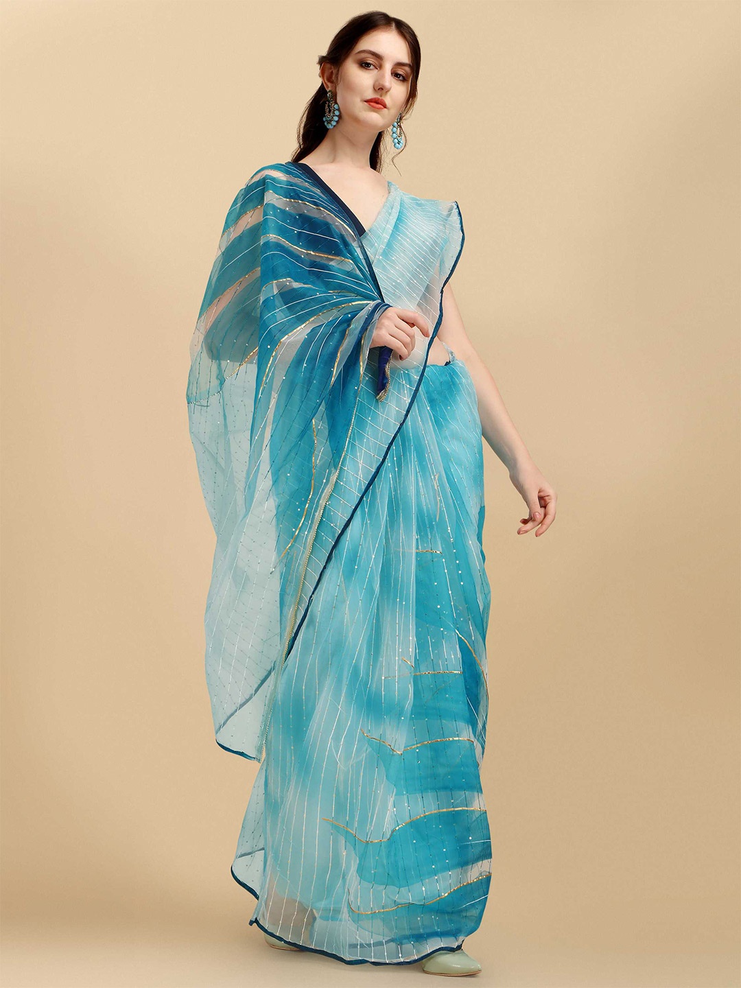 

DUNGRANI Blue & White Floral Organza Saree