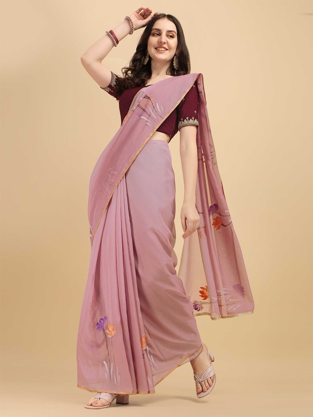 

DUNGRANI Mauve & Orange Floral Organza Saree