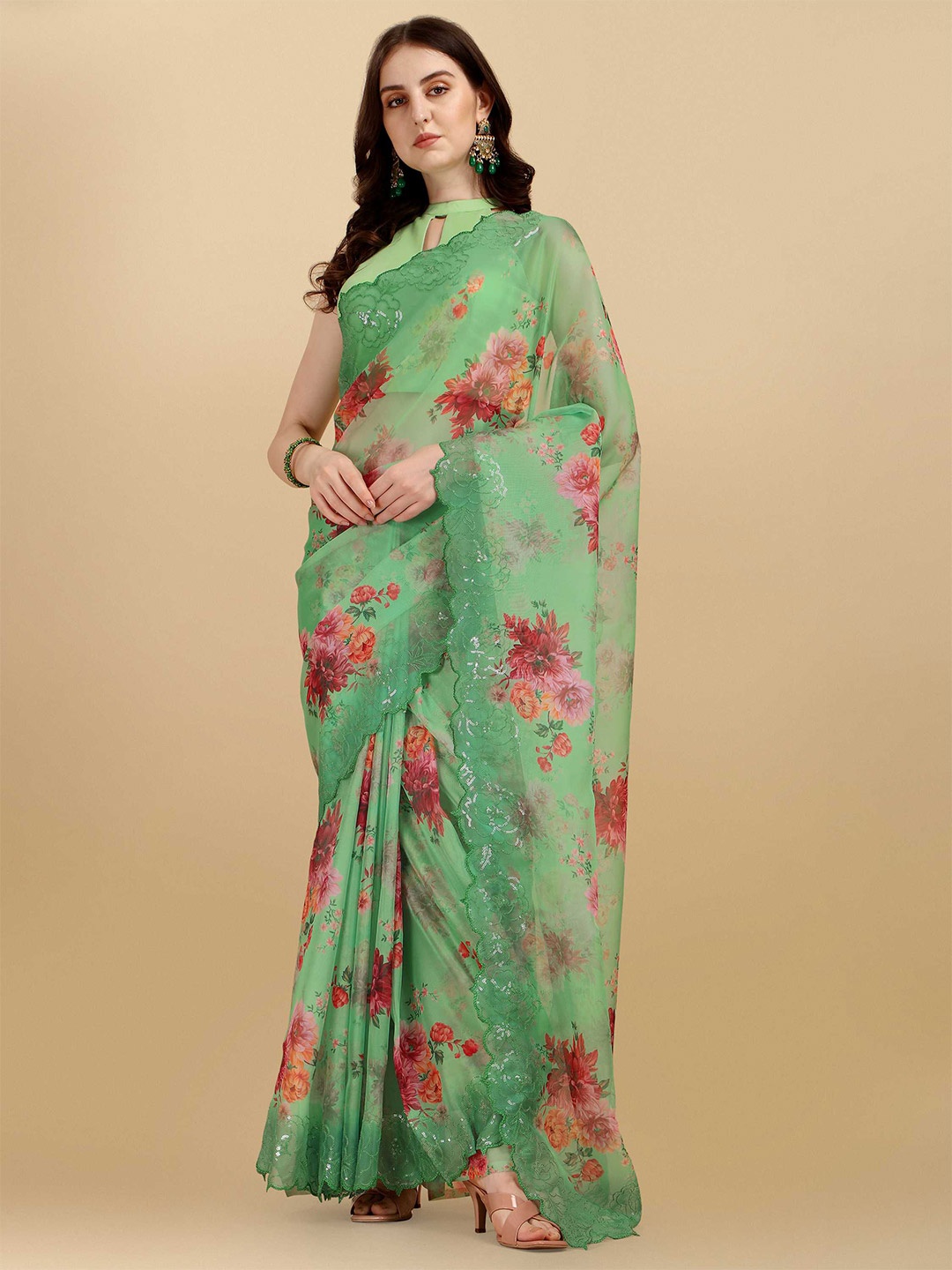 

DUNGRANI Green & Red Floral Organza Saree