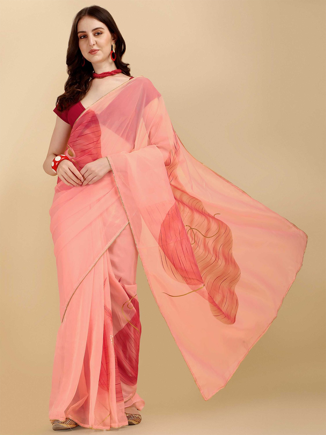 

DUNGRANI Pink & Red Floral Organza Saree