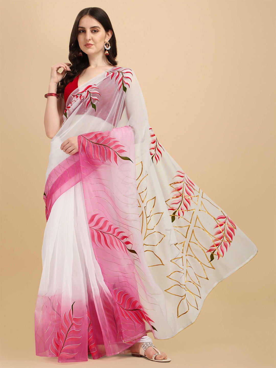 

DUNGRANI White & Red Floral Organza Saree