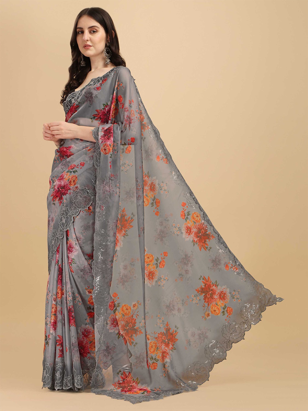 

DUNGRANI Grey & Orange Floral Embroidered Organza Saree