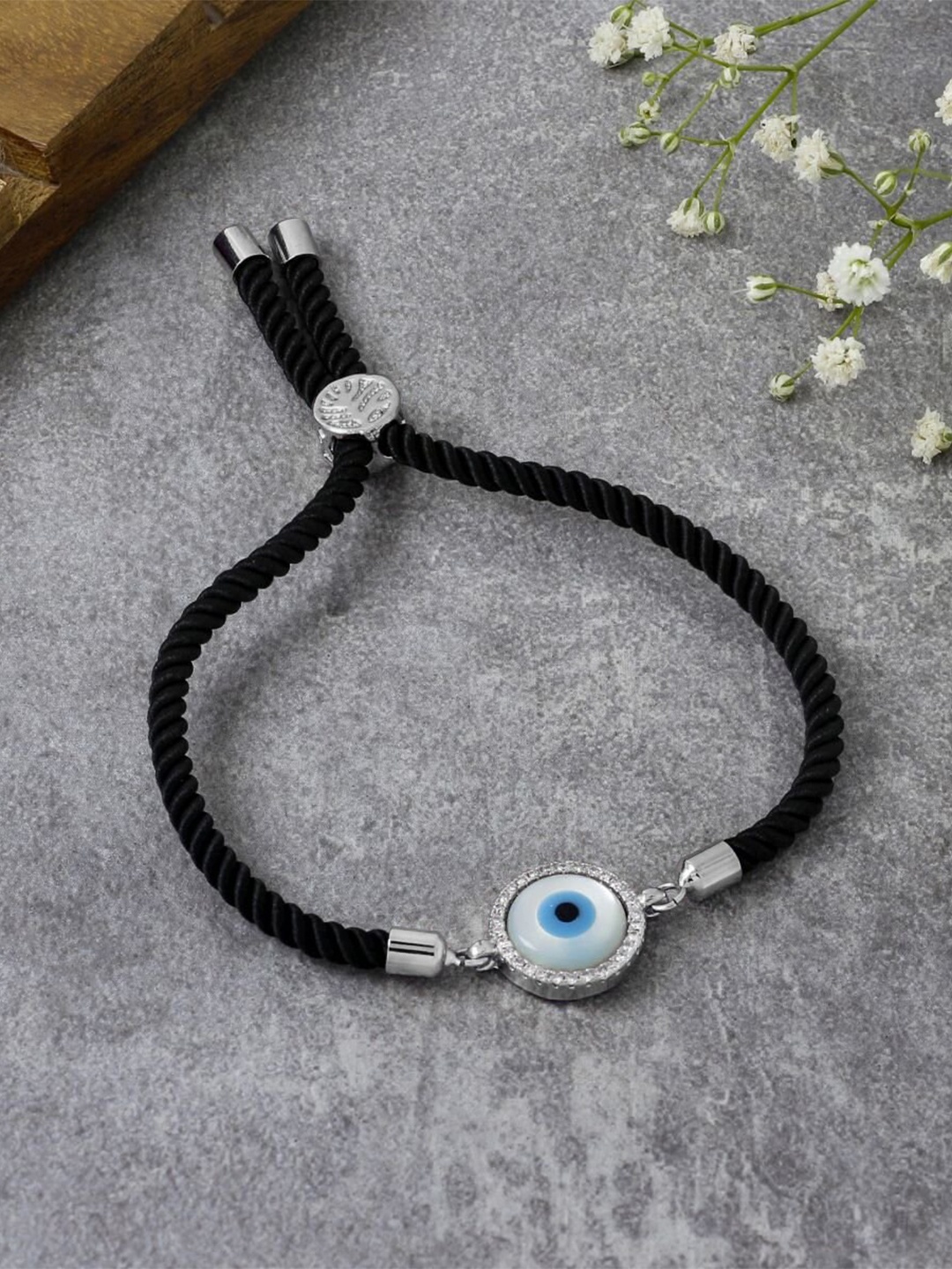 

ZIVOM Women Silver-Toned & Black Brass Cubic Zirconia Antique Silver-Plated Charm Bracelet