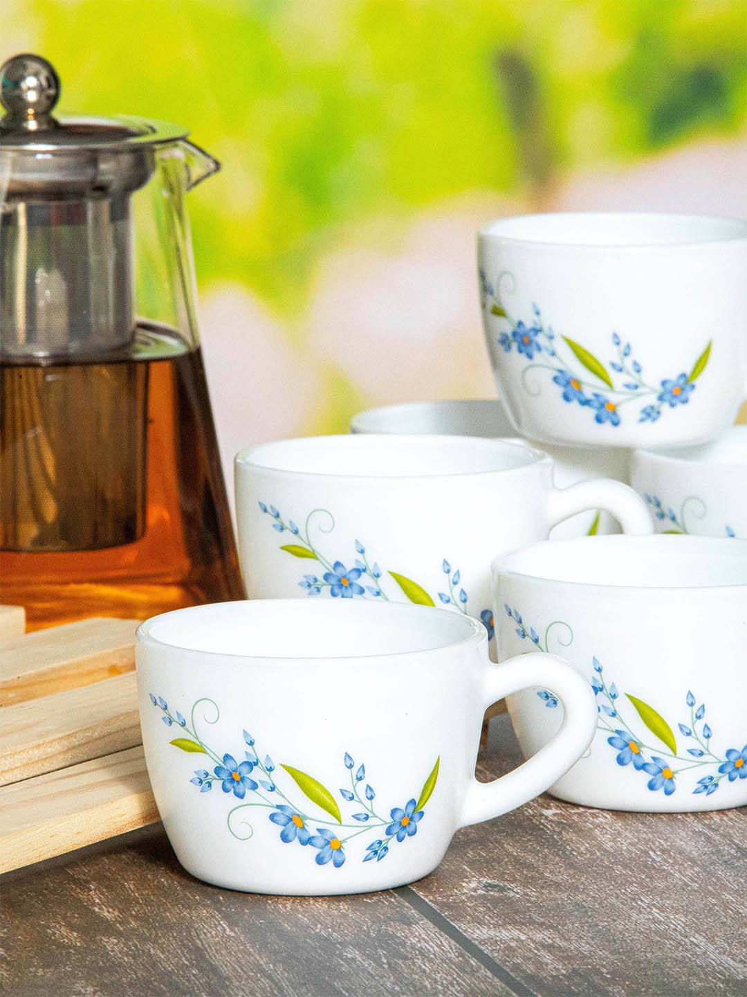 

Cello Imperial Set of 12 Blue Creeper Opalware Cup and Saucer Set, White