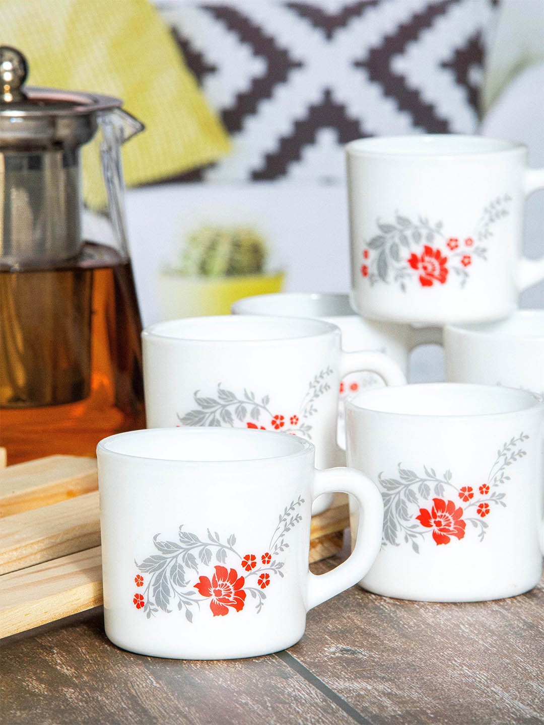 

Cello White & Red Red Red Floral Printed Opalware Glossy Cups Set of Cups and Mugs