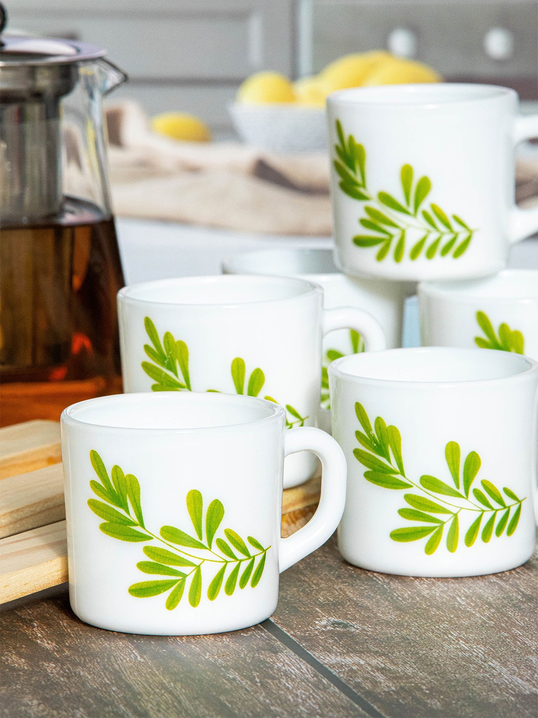 

Cello White & Green Green Green Floral Printed Opalware Glossy Cups Set of Cups and Mugs