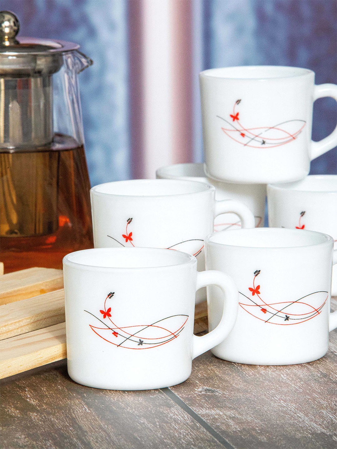 

Cello White & Red Set of 12 Floral Printed Opalware Glossy Cups 130ml
