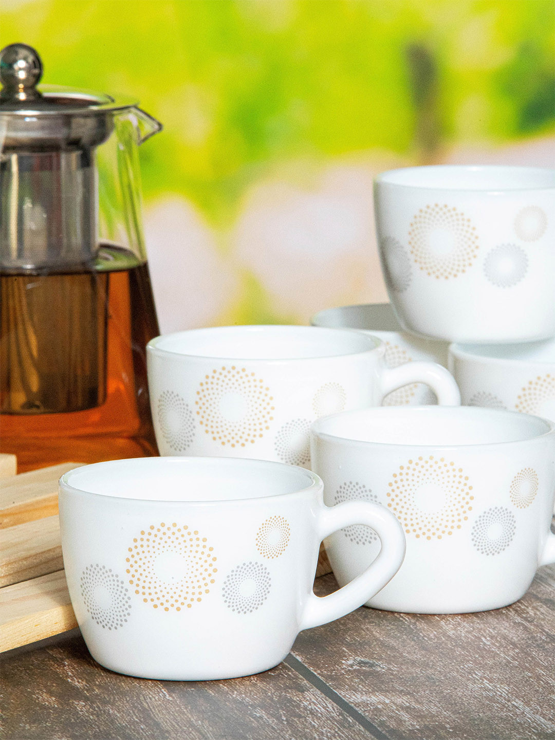 

Cello White & Yellow Set of 12 Floral Printed Opalware Glossy Cups Set 130ml