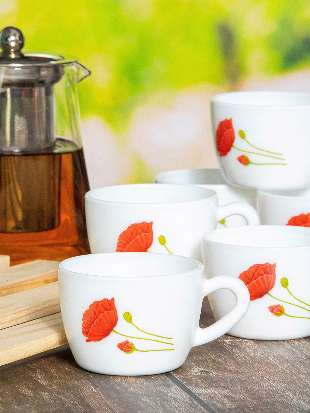

Cello Ricca Mugs Set of 6 Red Poppy Opalware Cup Set- 130ml, White
