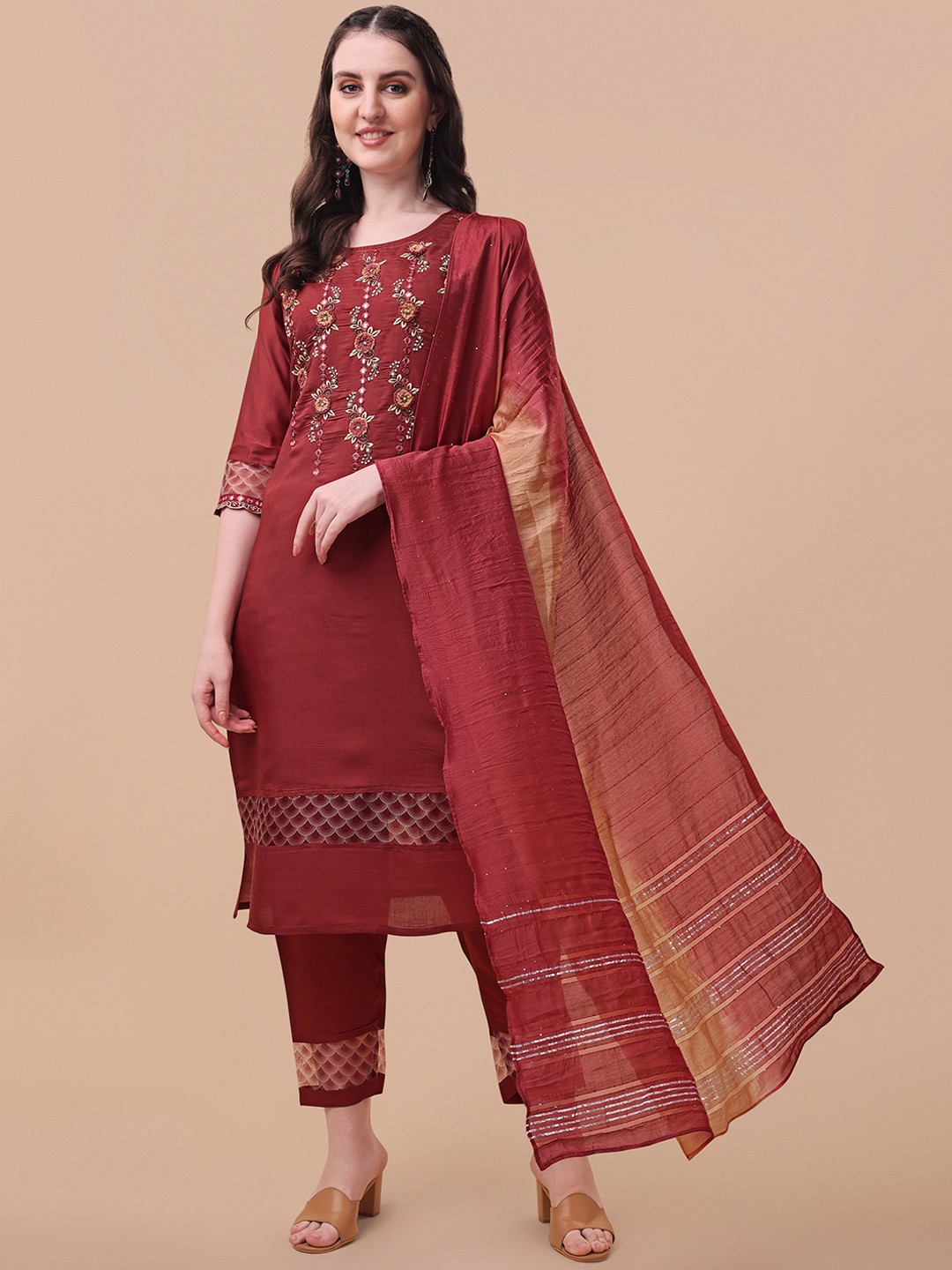 

Berrylicious Floral Embroidered Thread Work Kurta with Trousers & Dupatta, Rust