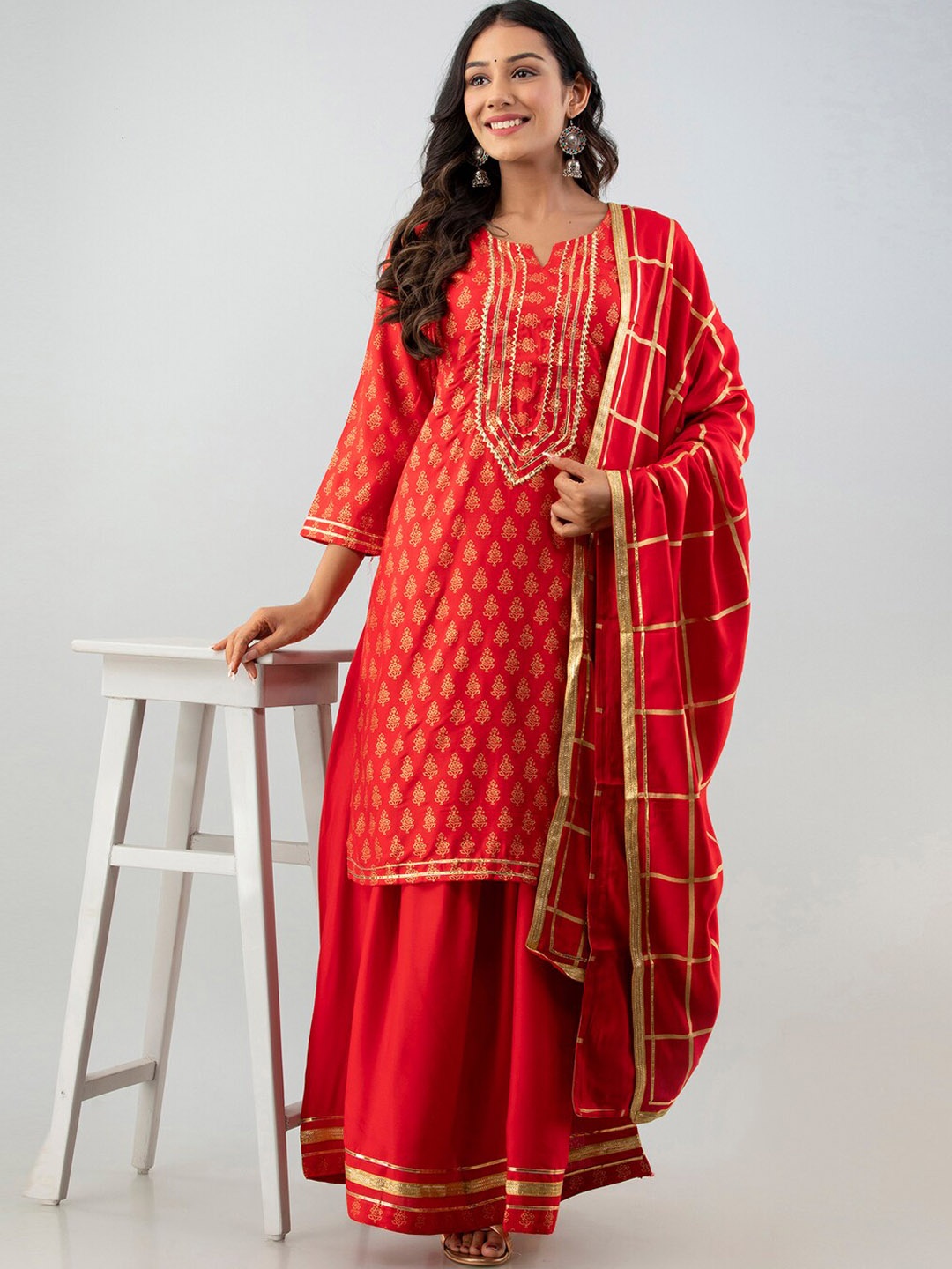 

Fusion Threads Women Red Ethnic Motifs Printed Gotta Patti Kurta with Skirt & With Dupatta