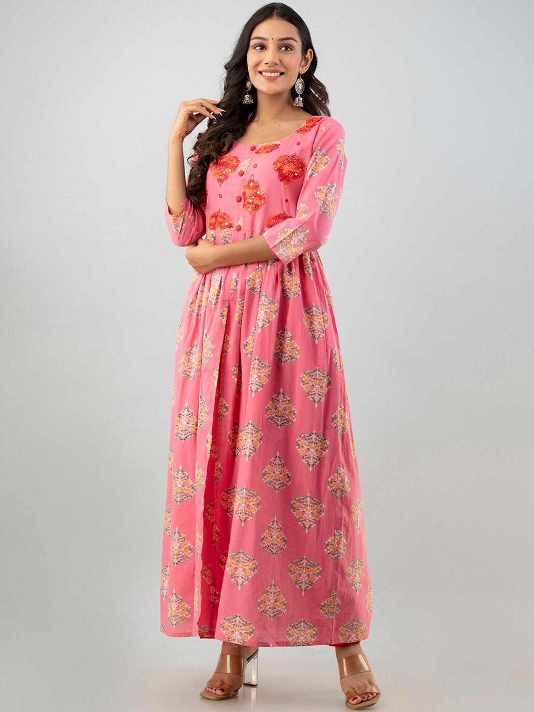 

Fusion Threads Women Pink Floral Embroidered Mirror Work Pure Cotton Kurta with Trousers