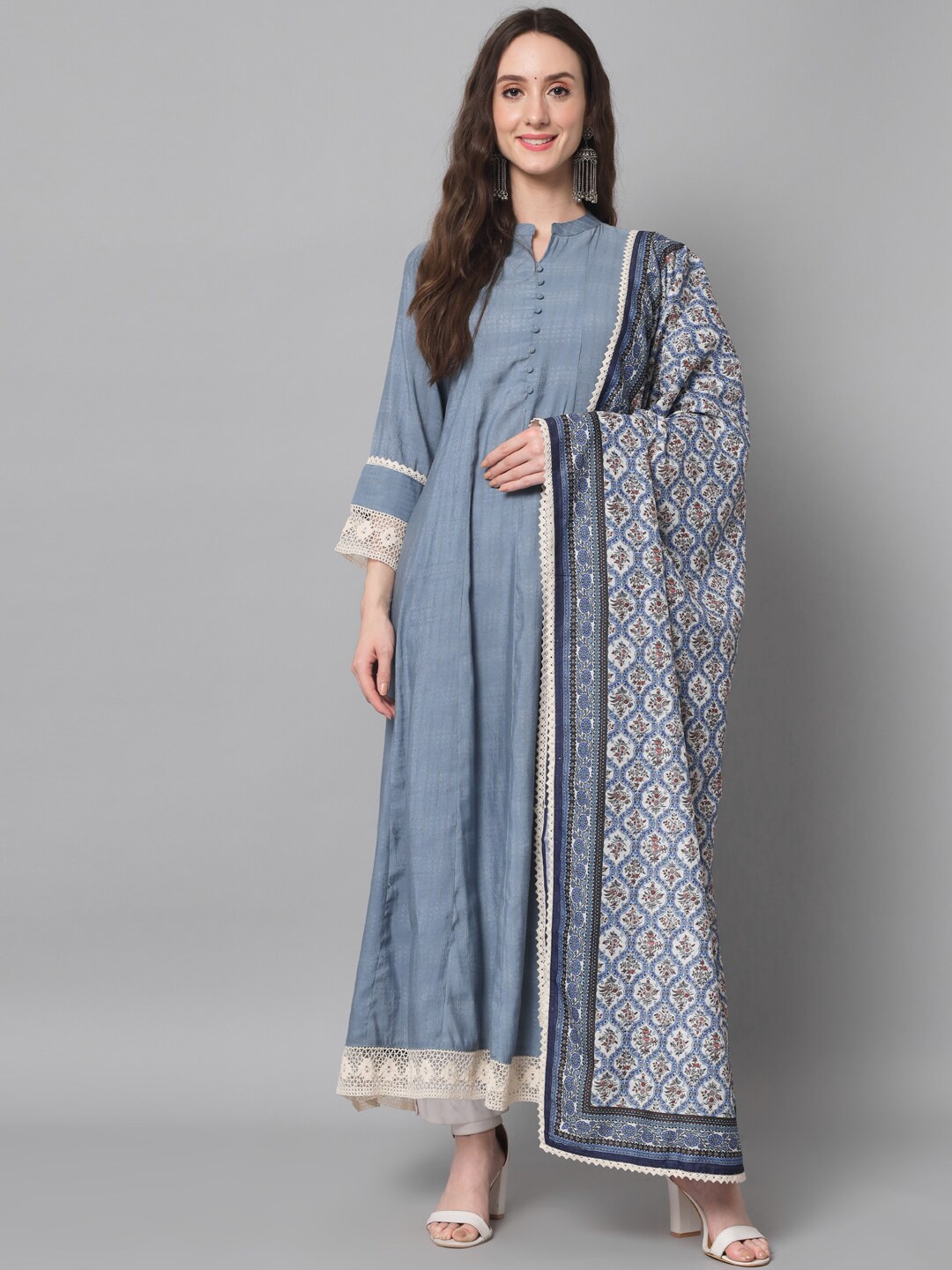 

Silai Bunai Women Woven Design Thread Work Kurta with Trousers & Dupatta, Blue