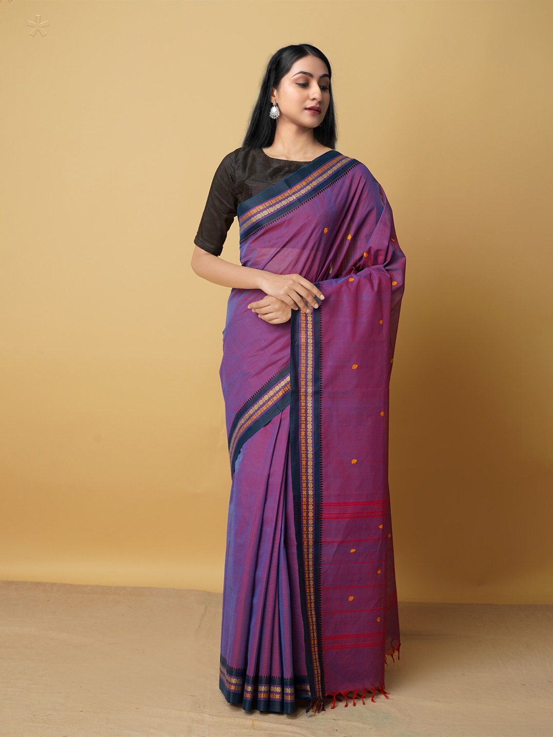 

Unnati Silks Blue & Orange Woven Design Pure Cotton Kanjeevaram Saree