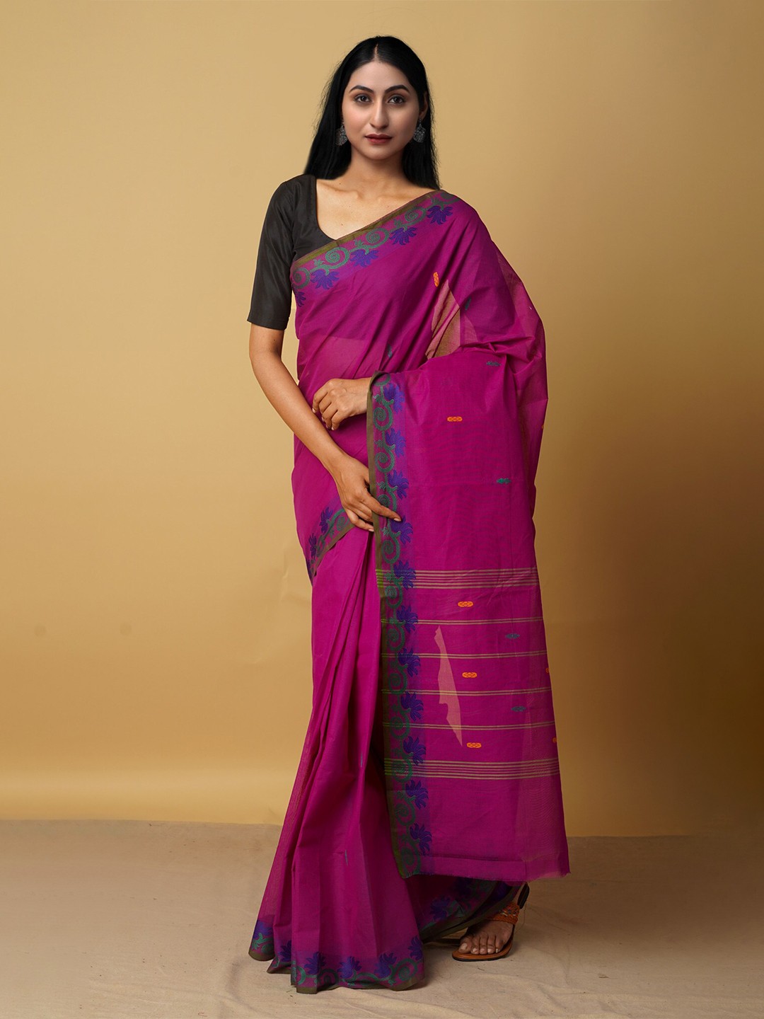 

Unnati Silks Purple & Blue Woven Design Zari Pure Cotton Venkatgiri Saree