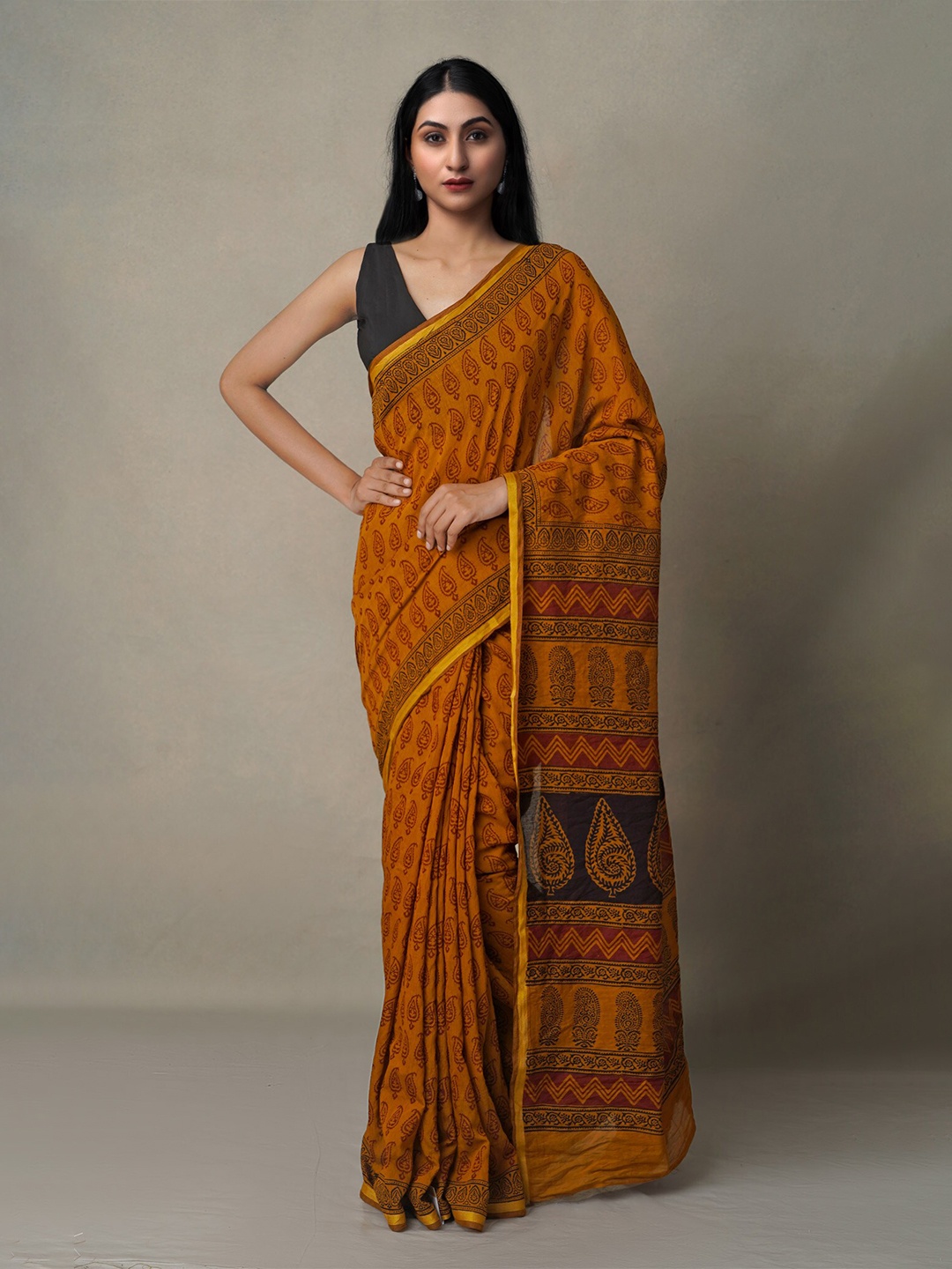 

Unnati Silks Orange & Gold-Toned Bagh Zari Chanderi Saree