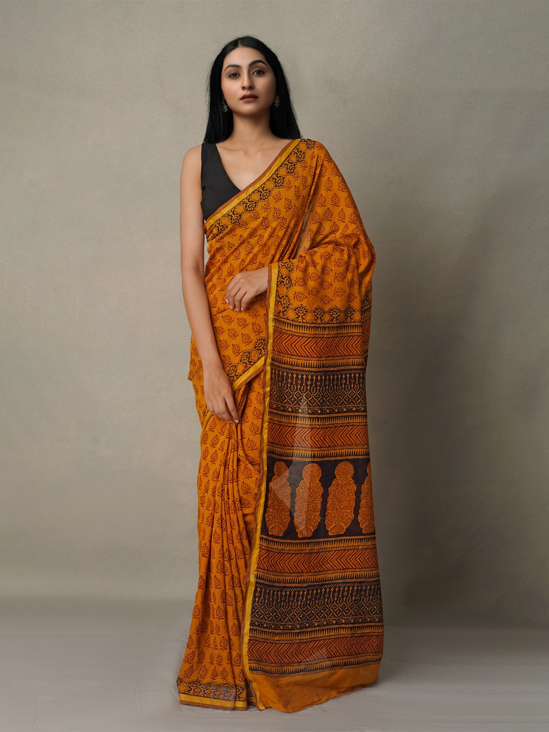 

Unnati Silks Orange & Black Bagh Chanderi Saree