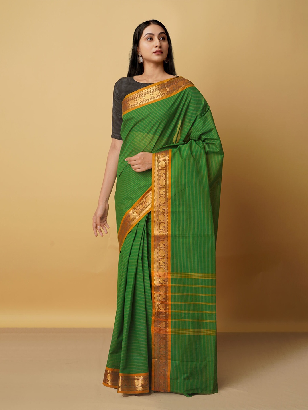 

Unnati Silks Green & Orange Woven Design Zari Pure Cotton Kanjeevaram Saree