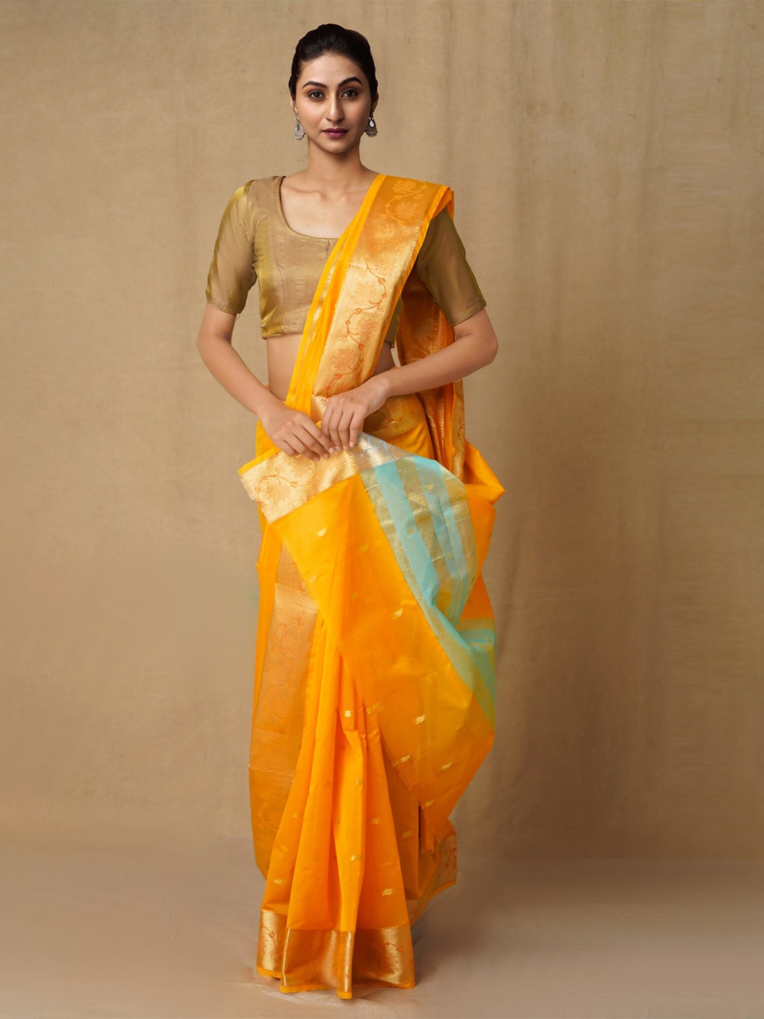 

Unnati Silks Yellow & Gold-Toned Ethnic Motifs Zari Silk Cotton Baluchari Saree