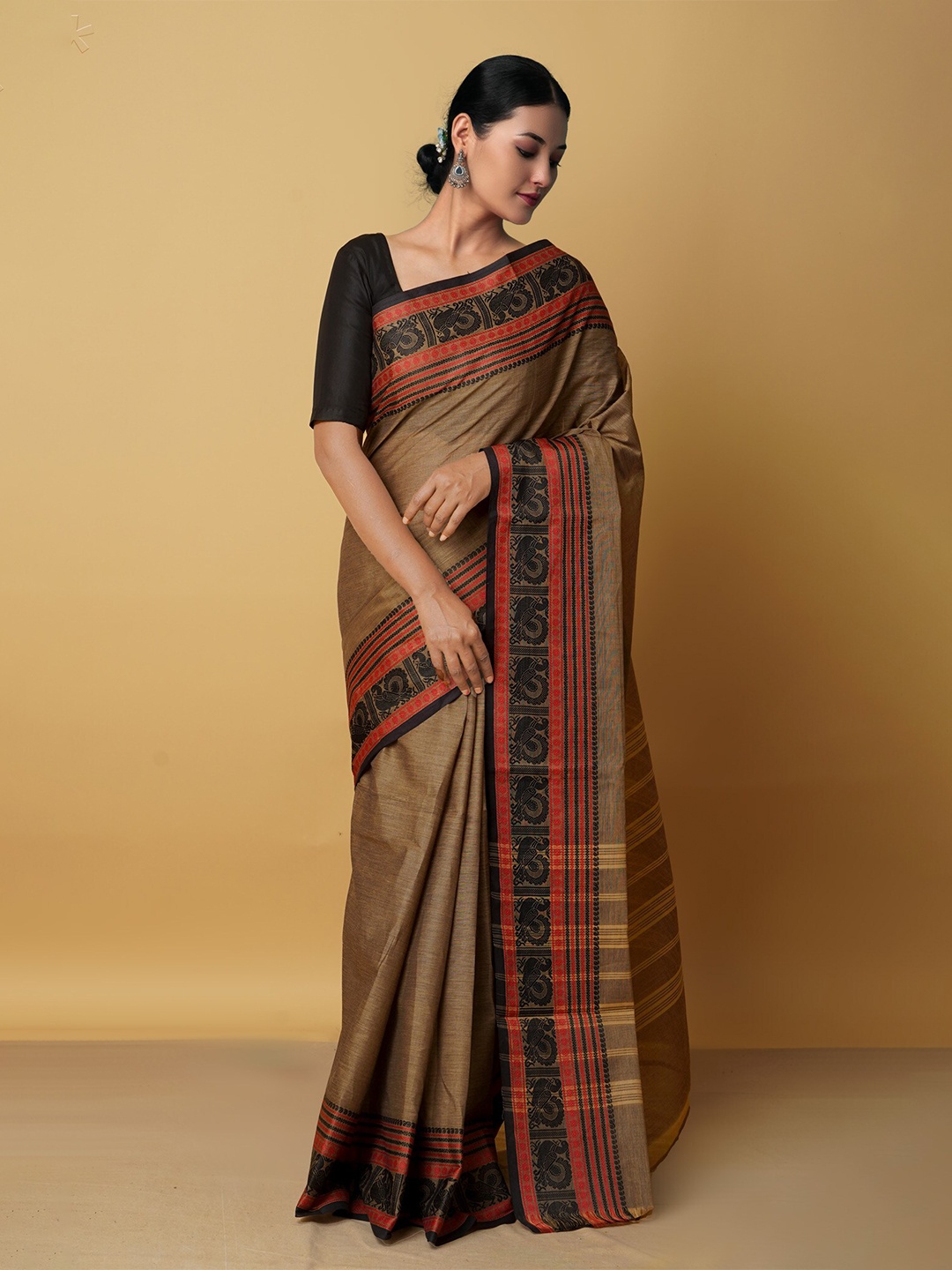 

Unnati Silks Brown & Red Woven Design Pure Cotton Kanjeevaram Saree