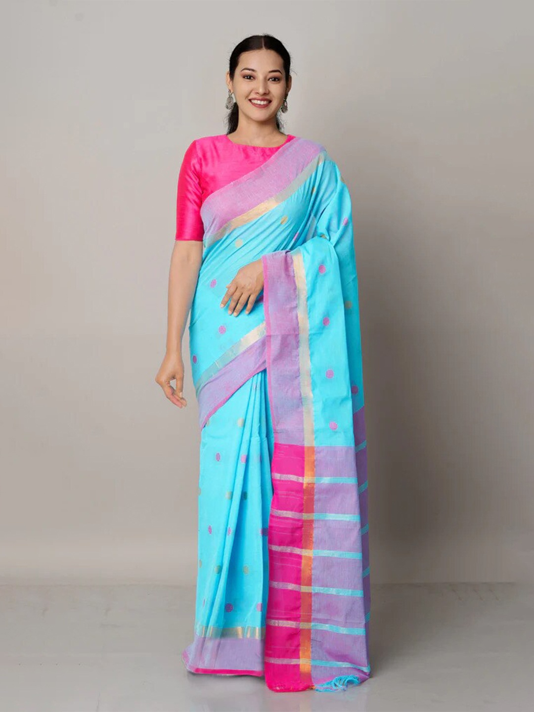 

Unnati Silks Blue & Purple Woven Design Zari Pure Cotton Mangalagiri Saree
