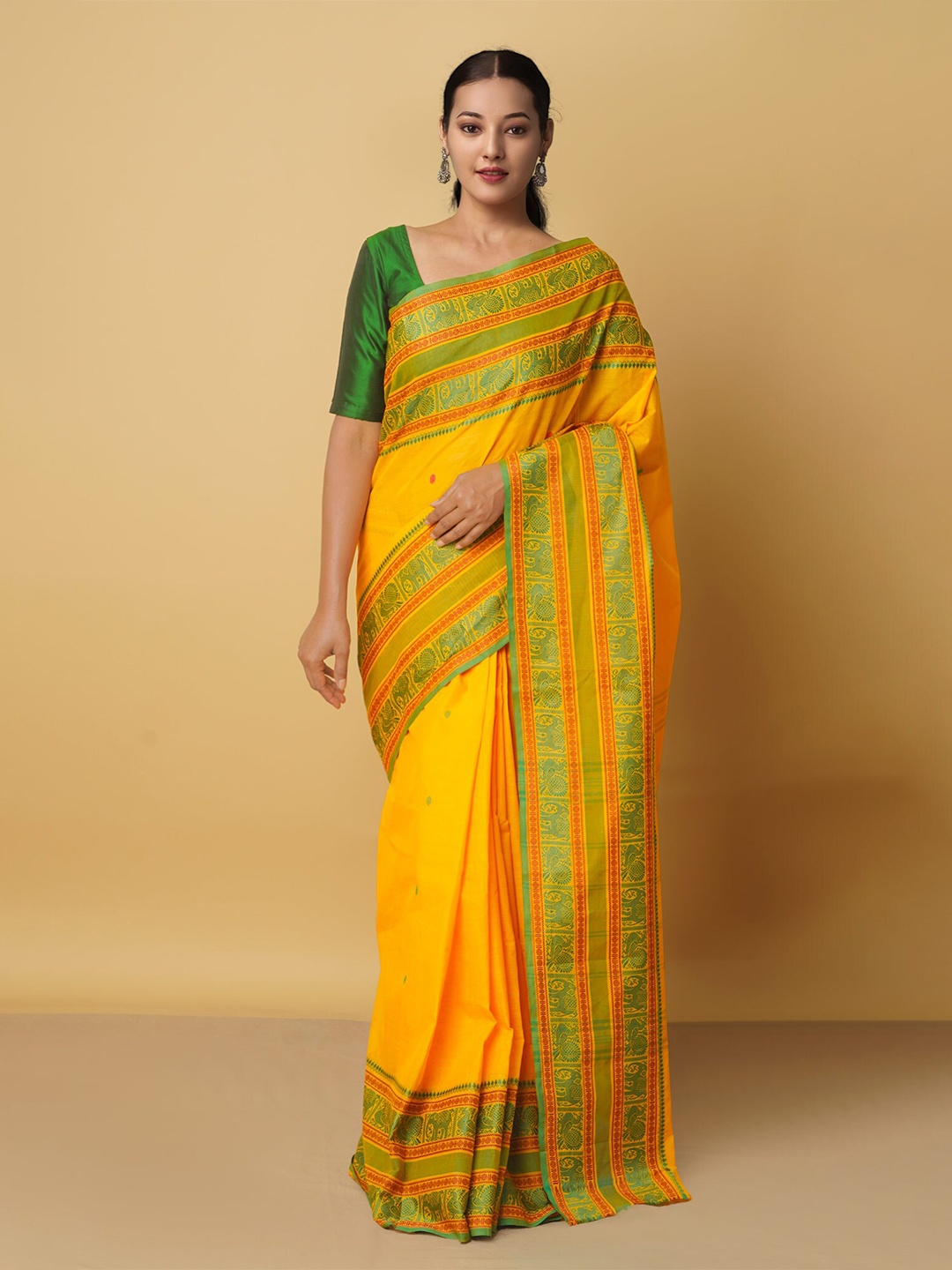 

Unnati Silks Yellow & Red Woven Design Pure Cotton Kanjeevaram Saree