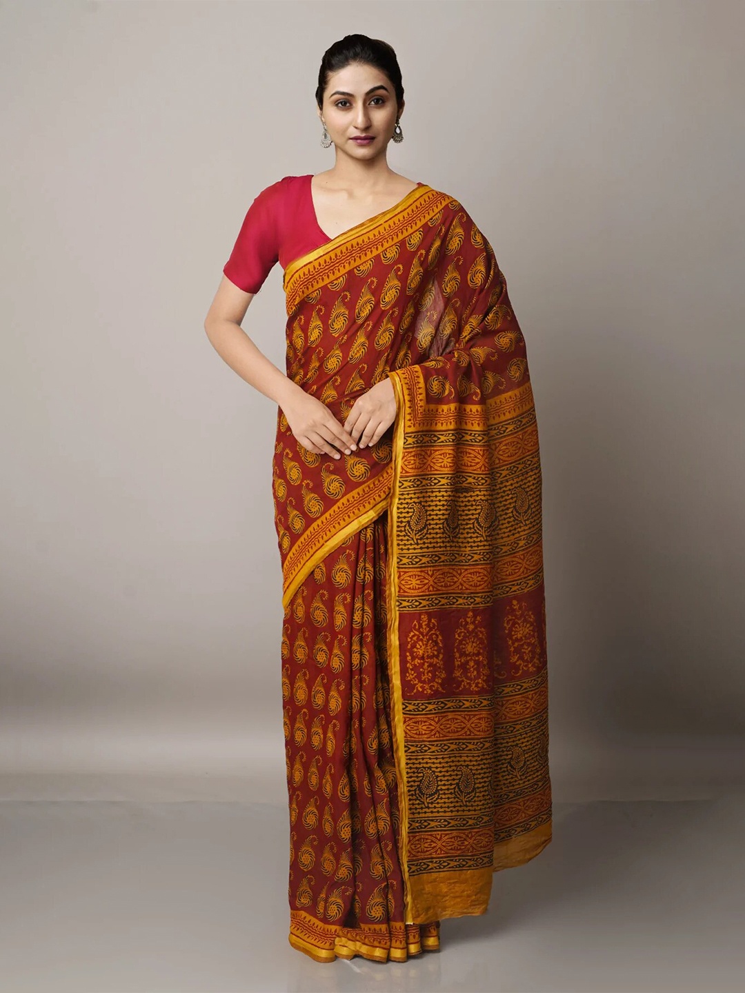 

Unnati Silks Maroon & Yellow Bagh Chanderi Saree
